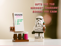 Stormtrooper Lego dude lists his Snark Boss plans for the day and tells you our items make great gifts for nerdy, snarky co-workers